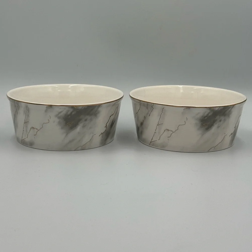 2 Fido’s Diner Pet Bowls Beautiful Gray & Gold Marble Design